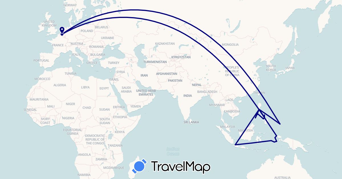 TravelMap itinerary: driving in Belgium, Indonesia, Philippines, Palau (Asia, Europe, Oceania)